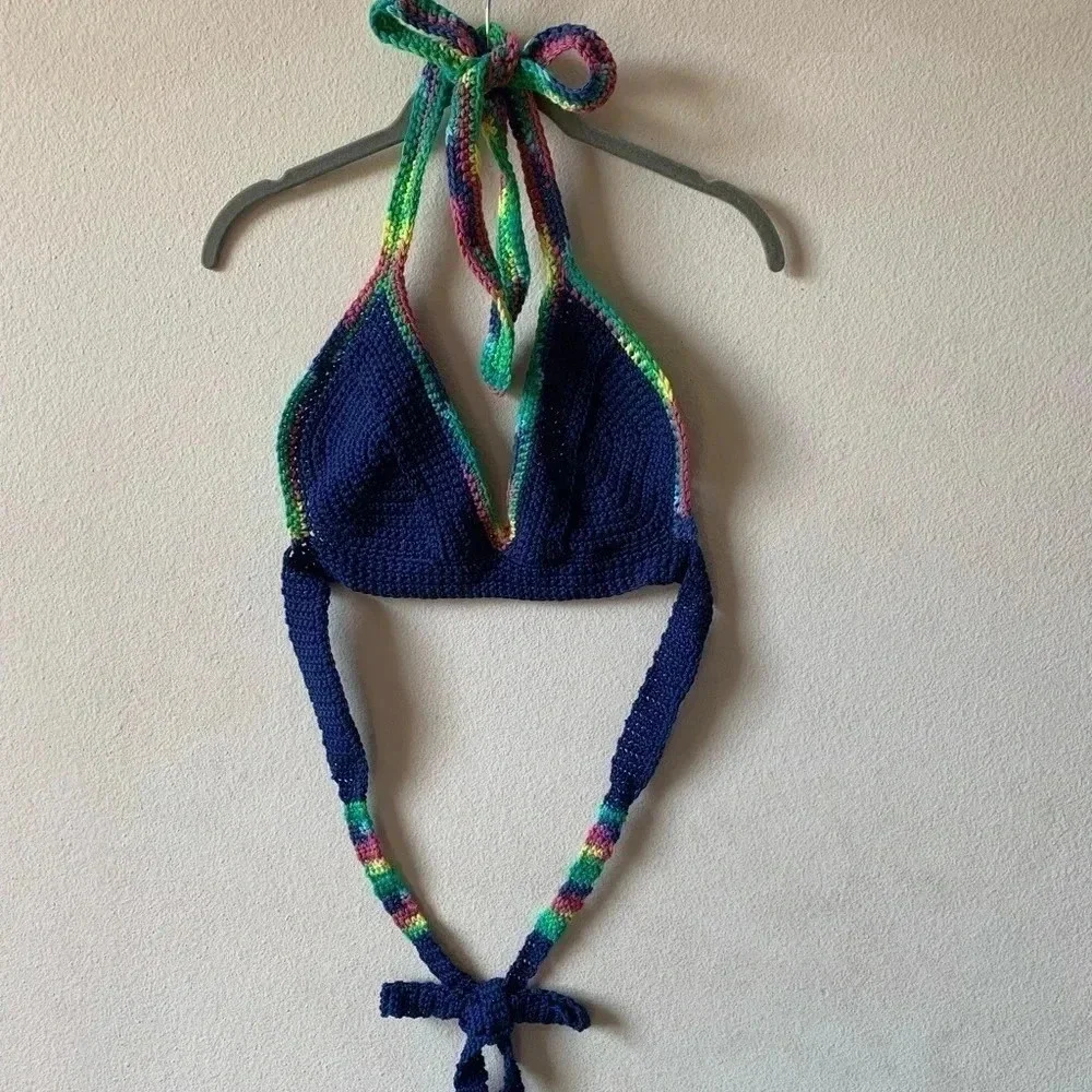 Crochet Knit Halter Bikini Top Womens Blue Multi-color Beach Festival Large B/C